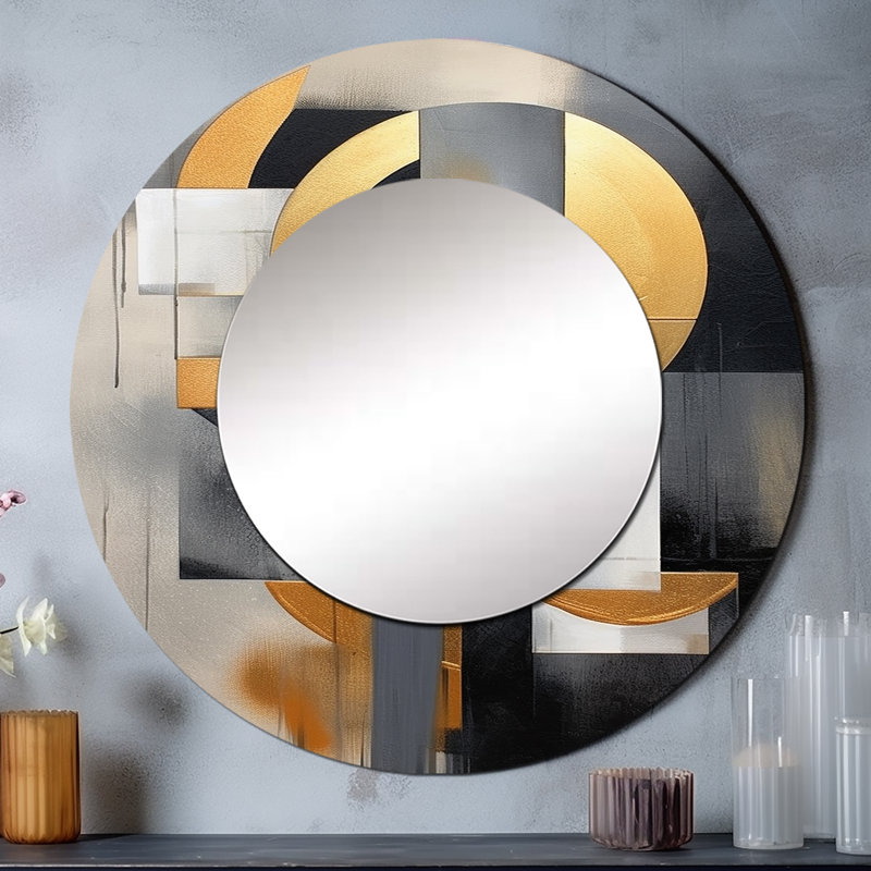 Or noir formes harmonieuses - formes abstraites grand miroir mural, miroir décoratif rond doré, art imprimé en métal