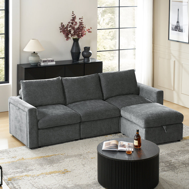 Canapé modulaire de rangement 4 pièces avec accoudoirs multifonctionnels Doulyn, Mélange de polyester gris