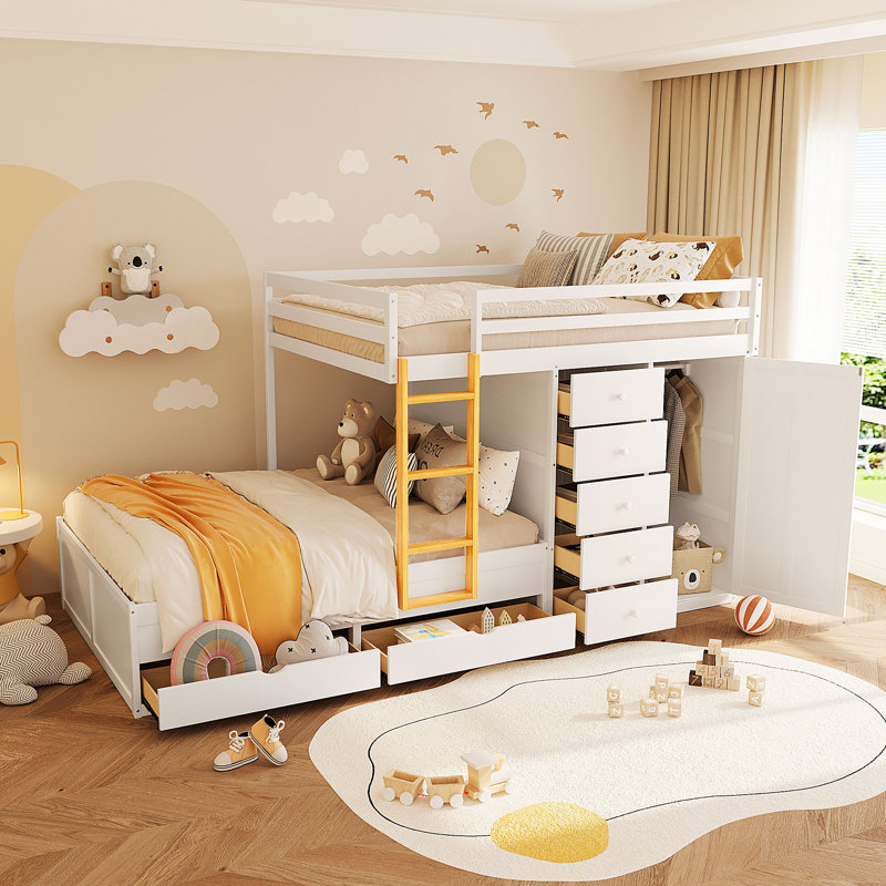 Full Size Bunk Bed with 2 Large & 5 Small Drawers, Small Wardrobe, Modern Storage Bunk Bed, MDF & Solid Wood, White, White