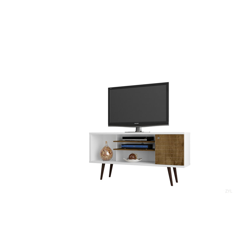 Meuble télé 53 po Mid-Century, Blanc/noyer