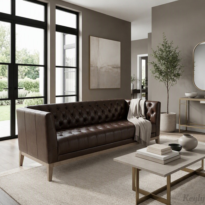 Canapé Chesterfield en cuir PU avec capitonnage à boutons, Similicuir brun