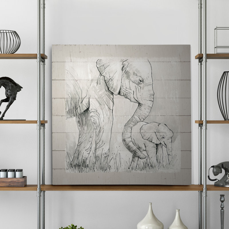 «Sketchy Mother and Baby Elephant», peinture, H 24 po x l 24 po x P 1,5 po, Toile tendue