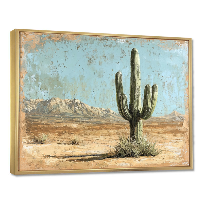 Cactus dans le désert I - art mural cactus, H 16 po x l 32 po, Cadre flottant, Doré