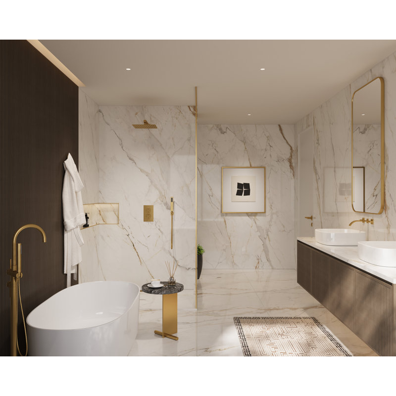  Pomme de douche carrée 12 po avec soupape d'équilibrage de la pression de la douche à main Rugen, Or brossé