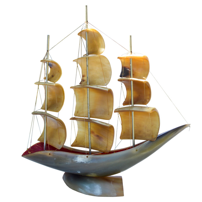 Vintage Hand-Crafted and Detailed Horn Ship Accent