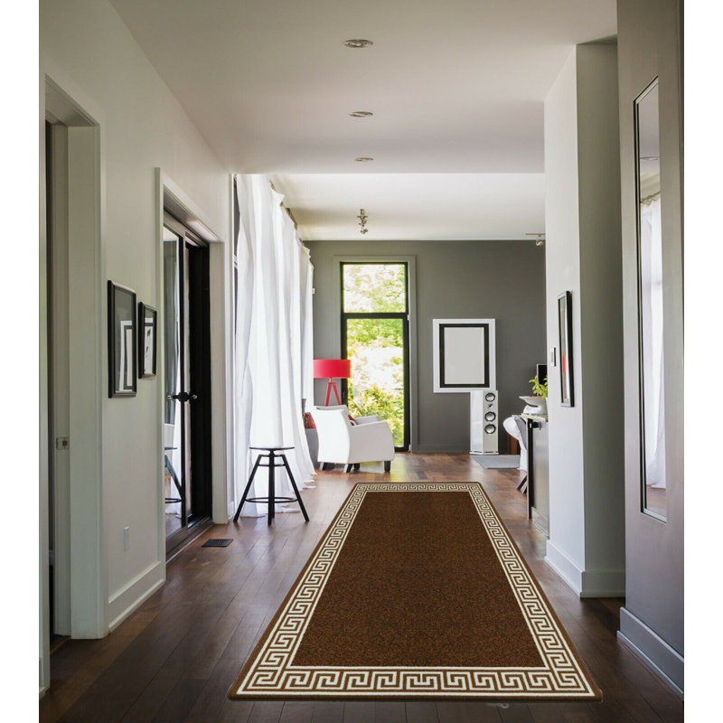 Plain Rug with Greek key Bordered Gel backed Rug Alixe Brown/Beige Rug, Rectangle 66 x 120cm