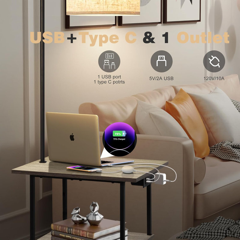 Floor Lamp With Table, End Table With Charging Station, Brown