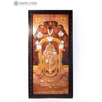 48" Tirupati Balaji Mysore 3D Wood Inlay Wall Panel - Large Handcrafted Hindu God Art for Home Temple