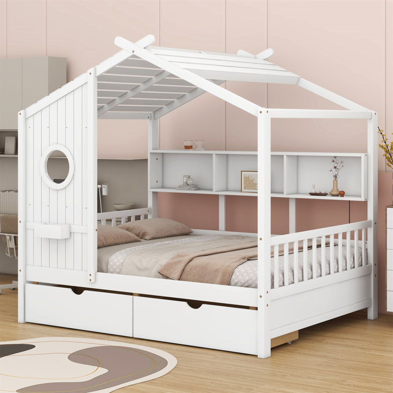 Lit en bois avec tiroirs et tablette de rangement, Blanc, Double