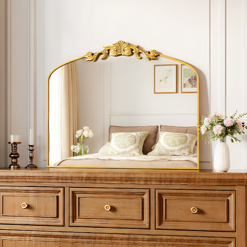 Arch Mirror Vintage Wall Mirror Decor With Alumium Alloy Frame, Traditional Baroque Bathroom Mirror For Wall, Tempered Glass, Hangs Vertical Or Leans
