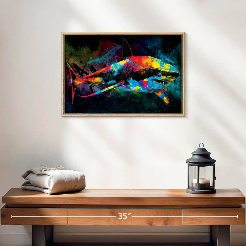 Great White Shark Color Grunge, Floating Frame Natural Wood, 19" X 13"