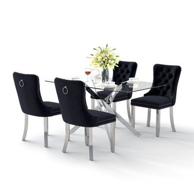 Ensemble de table de salle à manger rectangulaire en verre trempé, table de salle à manger de luxe avec chaise de salle à manger en velours capitonné