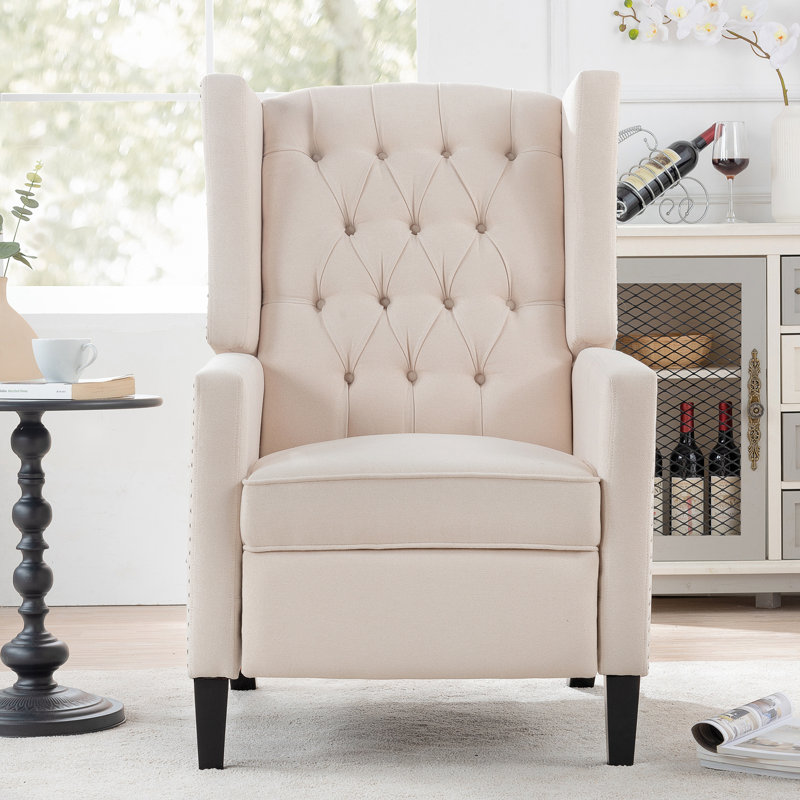 Margheoala Modern Manual Wing Chair Recliner Wide Wing Chair, High Deep Pull Chair, Sitting Chair, Beige Fabric