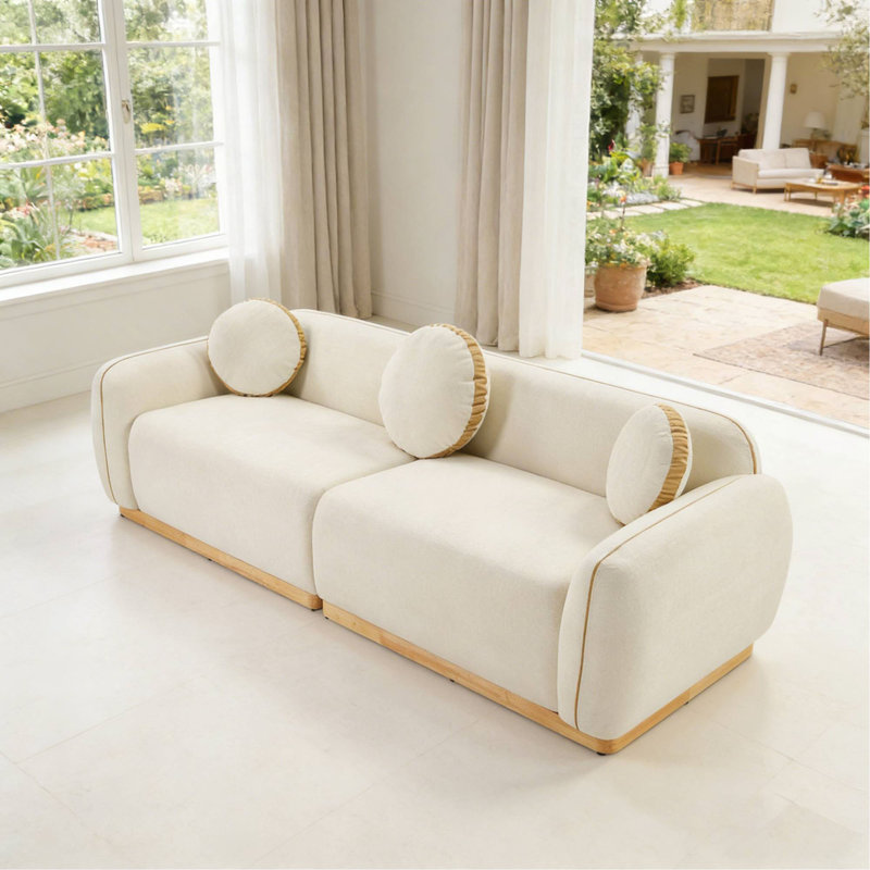 Ensemble de canapés modernes 90,94 po, 3 coussins décoratifs ronds pour le coin-détente du cinéma maison, Beige/White