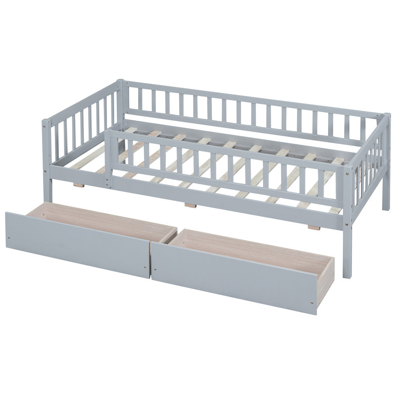 Lit de jour simple en bois avec deux tiroirs, gris - Structure solide et solution d'extension de cadre résilient