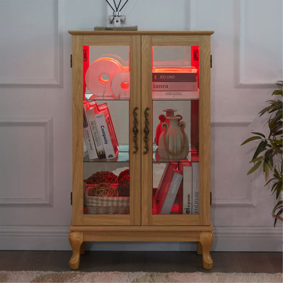 Elegant Light Oak Curio Cabinet With Tempered Glass Doors, LED Light, Mirrored Back Panel & Adjustable Shelves – Perfect Display Storage For Home & Office