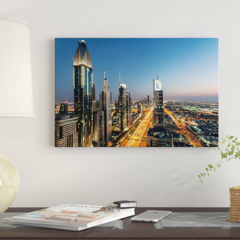 Reproduction d'art graphique sur toile, "Skyline de Dubaï, Emirats arabes unis" par Matteo Colombo, Papier avec cadre noir