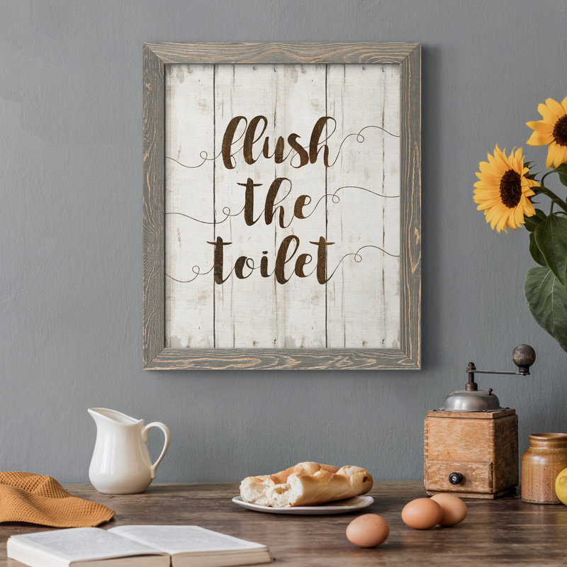 «Flush the toilettes», art textuel sur toile, H 37,5 po x l 27,5 po x P 1,5 po, Gris