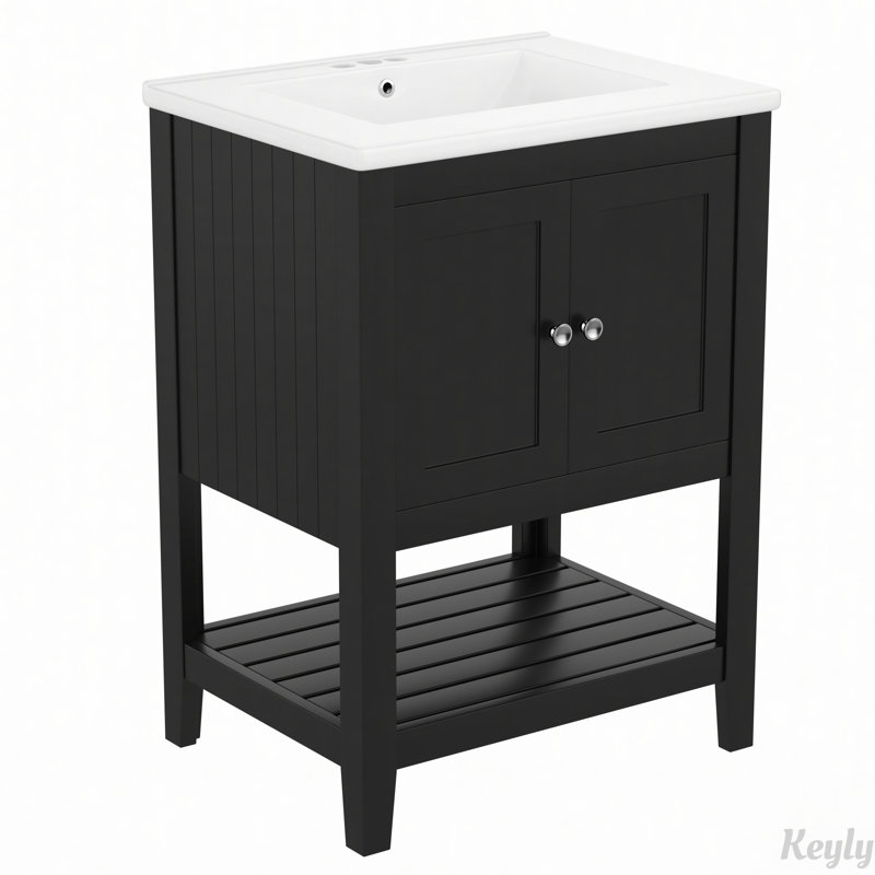 24" Modern Sleek Bathroom Vanity Elegant Ceramic Sink, Black