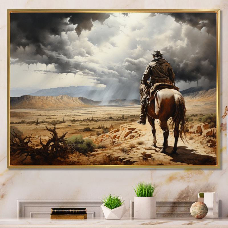 Cowboy Calm Before The Storm - Cowboys Canvas Wall Art, Cadre flottant doré, H 16 po x l 32 po x P 1 po