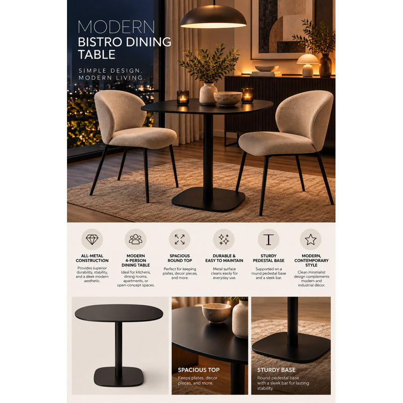 Pangea Home Panna Lucillie Dining Table - All-Metal Black Dining Table – Modern 4-Person Dining Table for Kitchen or Dining Room- Black Dining Table