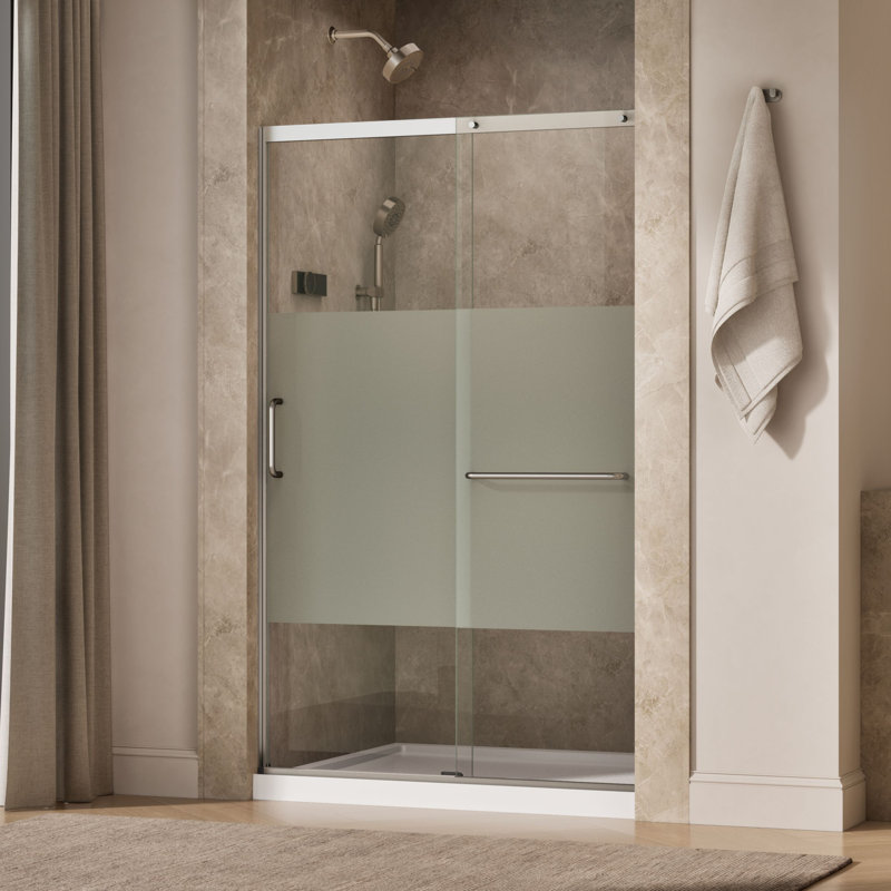 Elate Tall Sliding Shower Door, 75-1/2-In H X 44-1/4 - 47-5/8-In W, With Heavy 5/16-In Thick Crystal Clear Glass With Privacy Band
