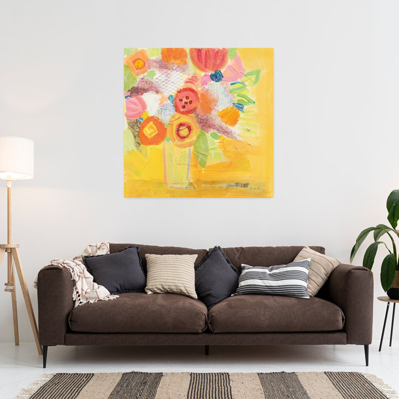Art contemporain contemporain avec un bouquet de fleurs jaunes, H 36 po x l 36 po