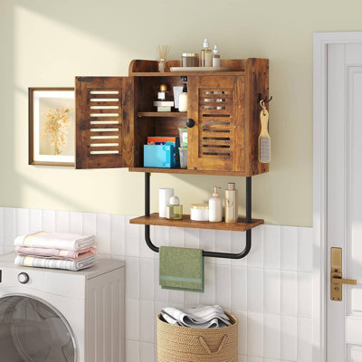 Rustic Brown Bathroom Wall Cabinet With Double Doors, Towel Bar, Adjustable Shelf & 2 Hooks