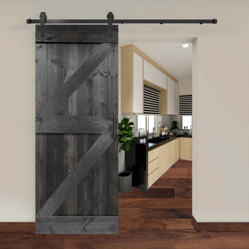 Porte de grange coulissante en bois de pin avec trousse de quincaillerie d'installation, Gris carbone, 30 po x 84 po