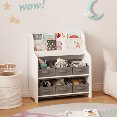 Bibliothèque avec 6 bacs de rangement en tissu, bibliothèque multifonctionnelle et organisateur de jouets, tablette de présentation pour salle de jeux, chambre à coucher ou chambre de bébé