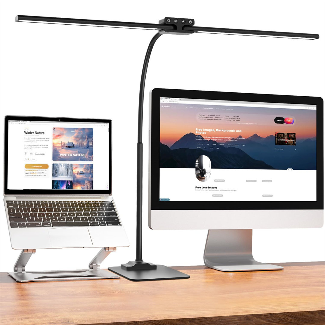 24W Home Office Desk Lamp With Base, LED Double Head Desk Lamp With Adjustable Gooseneck, Dimmable Eye Protection Architect Lamp