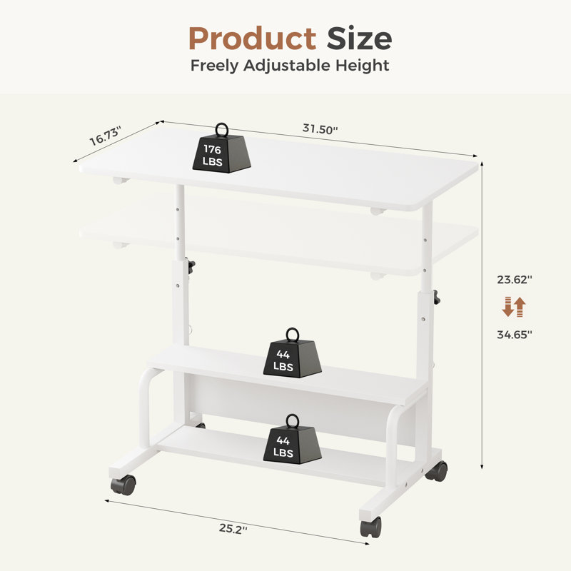 Manual Height Adjustable Standing Desk with Storage Shelf, Portable Mobile Computer Desk, White