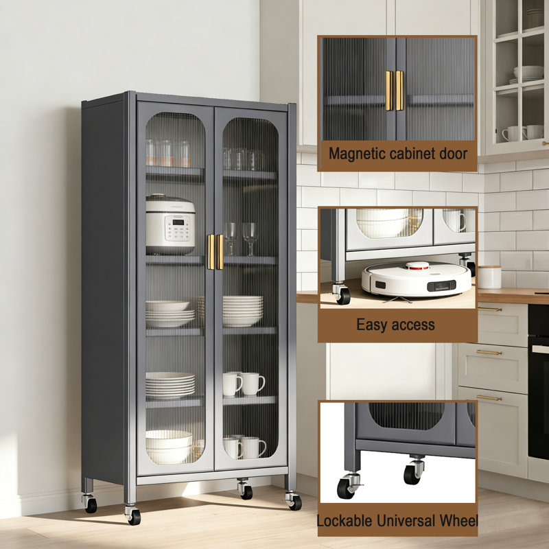 Armoire de rangement haute en métal avec portes en verre, tablettes réglables et roues verrouillables