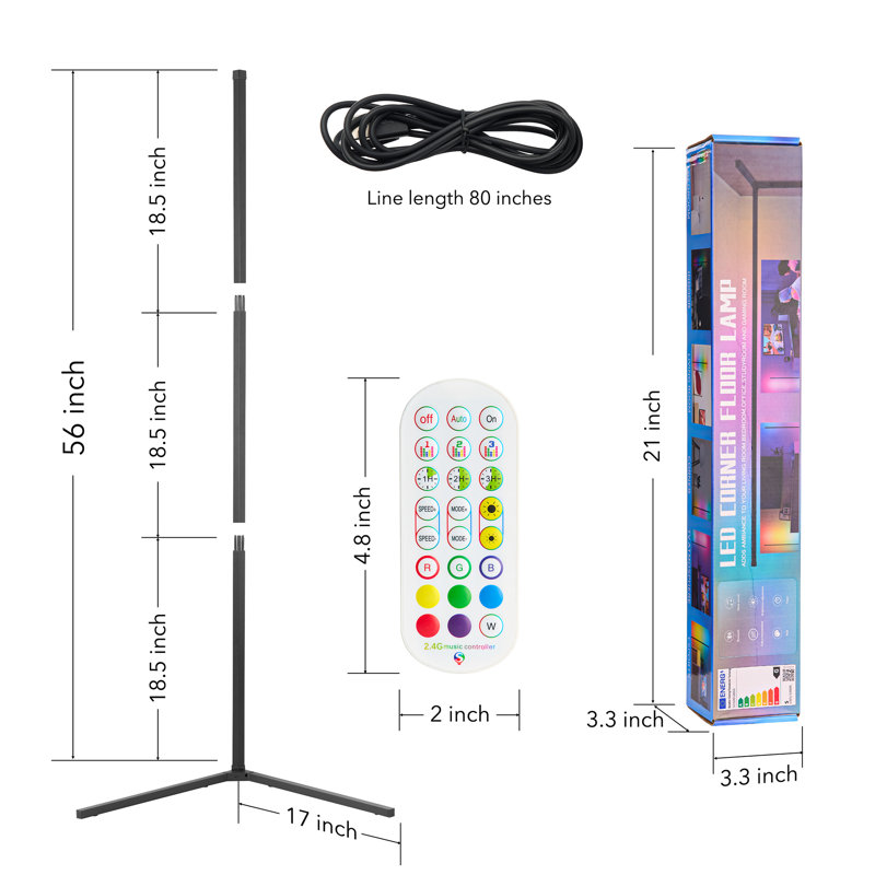 56 Inches RGB Color Changing Corner Floor Lamp with USB Cable, Minimalist Column Floor Lamp