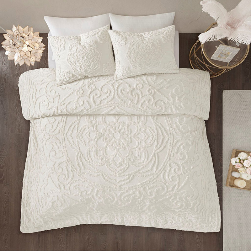 2 Piece Cotton Chenille Comforter Set Off-White Twin/Twin XL, Twin/Twin Extra Long Comforter + 2 Shams, Off White