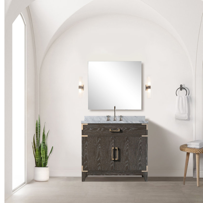 Meuble-lavabo simple en chêne brun 36 po X P 22 po D, comptoir en marbre de Carrare, 34 po Ensemble miroir et robinet