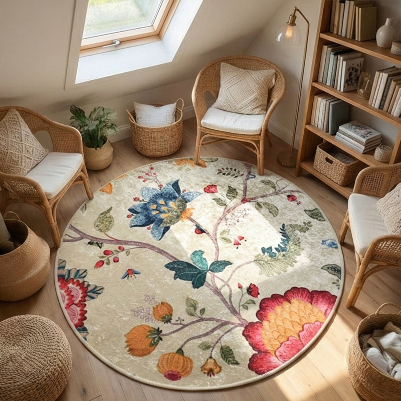 Tapis floral rétro antidérapant Botanical Bloom, Rond 4 pi 7,1 po x 4 pi 7,1 po