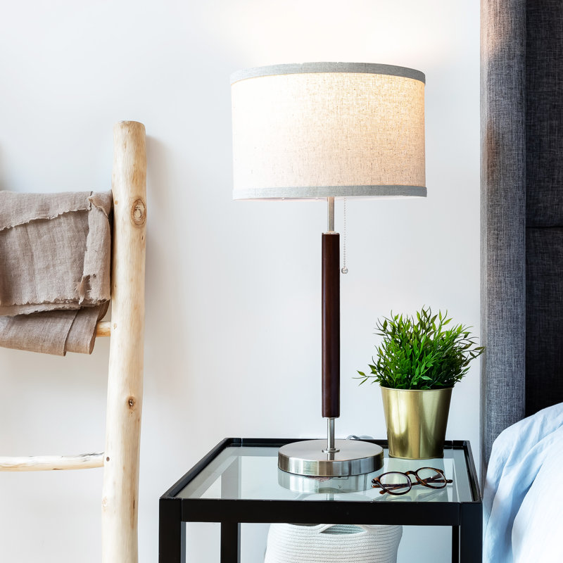 Carter 26 in. Mid-Century Modern Linen and Woodgrain LED Table Lamp