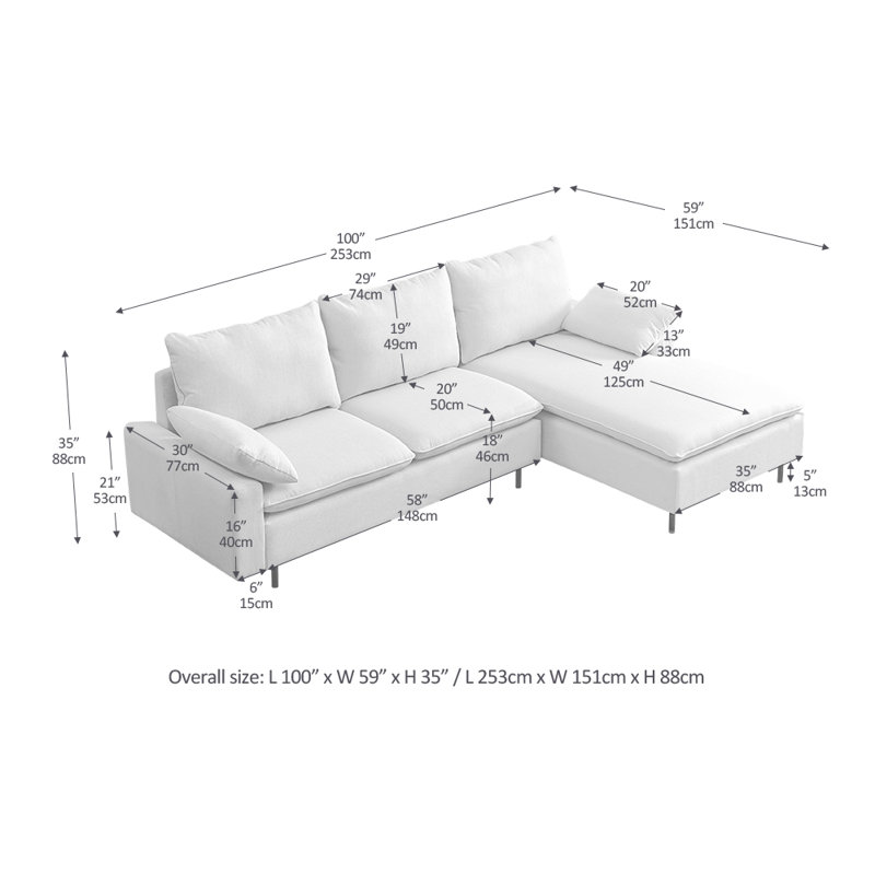 Modern L-shaped Sectional Sofa With Two Pillows, Right Hand Facing