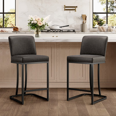Forsyth 24" Gray Counter Stool with Upholstered Faux Leather and Black Metal Frame