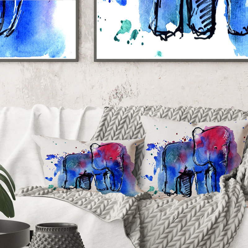 Impression d'éléphant bleu et rouge - Coussin décoratif à imprimé traditionnel, 16 po x 16 po