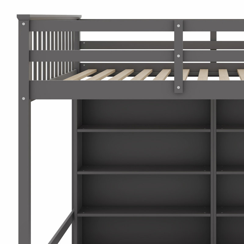 Lit mezzanine avec tablettes de rangement ouvertes, Gris antique