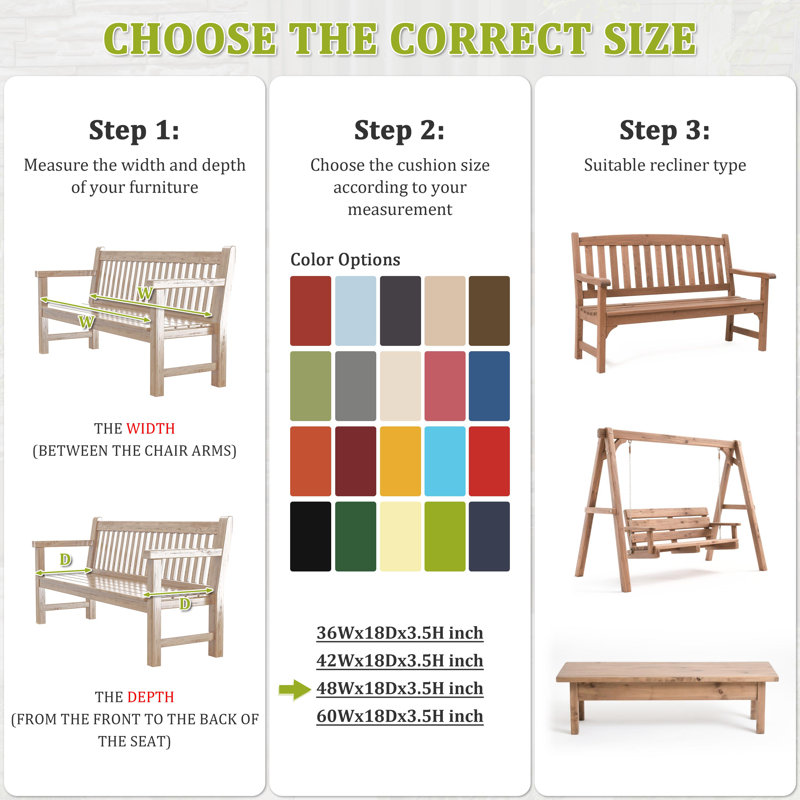Outdoor Bench Cushion 48 X 18 X 3 Inch Indoor And Outdoor Seat Cushions, Grass Green, 48" W x 18" D