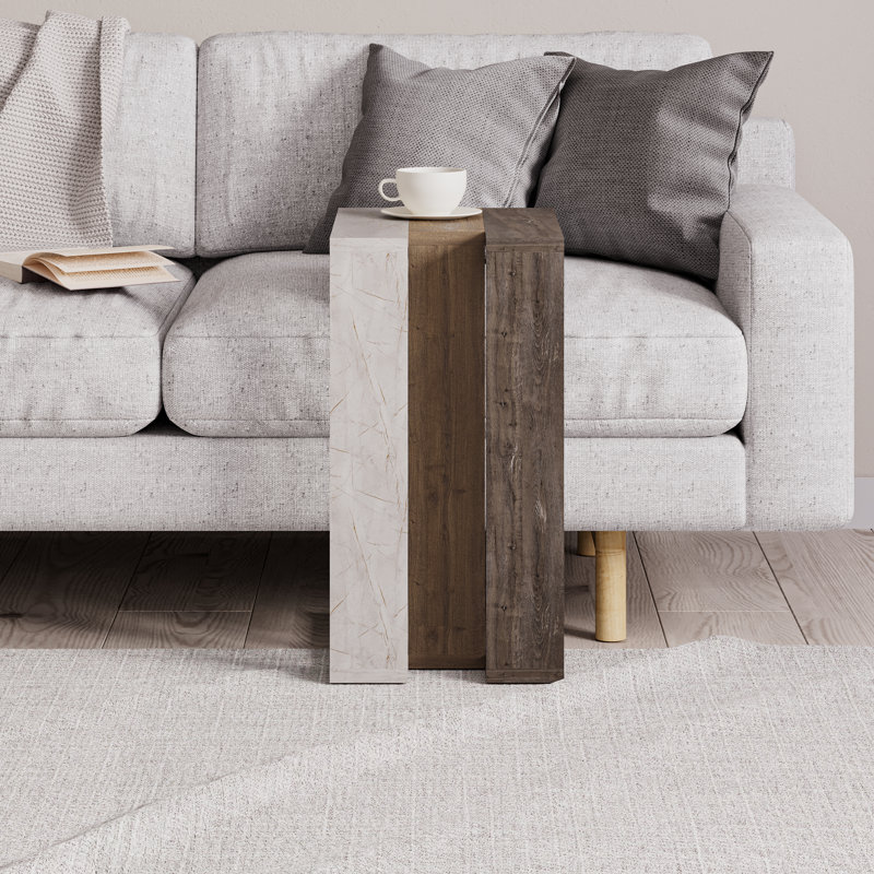 Madelyn Modern Compact C Shape Side Table, White Marble/Oak/Gray