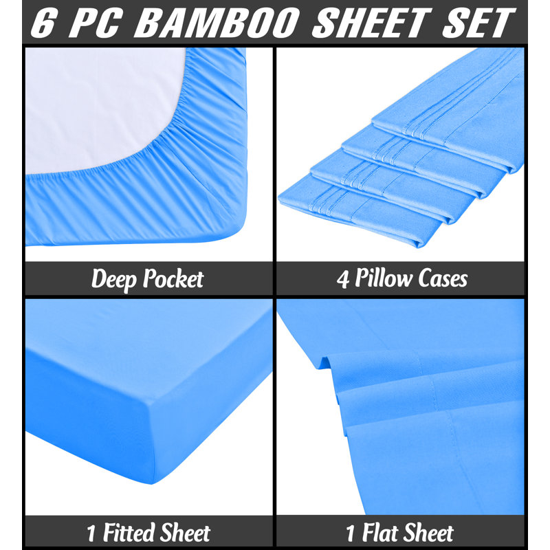 Premium Rayon From Bamboo 6 Pc Sheet Set With Deep Pockets, Cooling, Blue, Split King Sheet Set with 4 Pillowcases