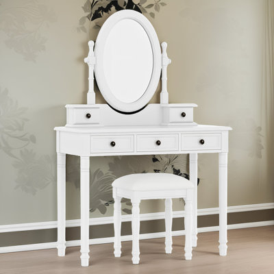 Vanity Desk With Adjustable Angle Mirror, Vintage Vanity Makeup Table And Cushioned Stool Set With Velvet Fabric Lining 5 Drawers,Wooden Dressing Table Set For Bedroom, White