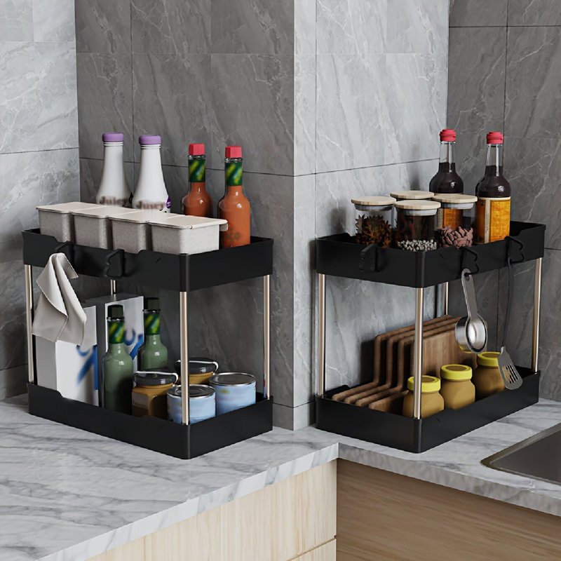 Sous-évier, ensemble de 3 armoires coulissantes à 2 niveaux avec tasses suspendues, tablette de rangement réglable pour armoires de cuisine et de salle de bain