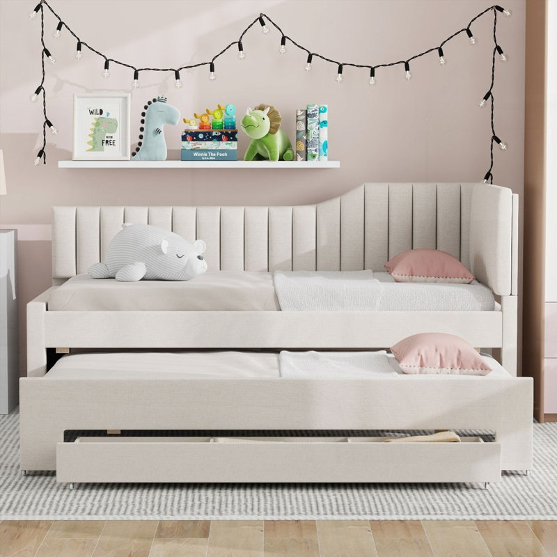 Lit de jour simple avec lit gigogne et trois tiroirs - Fabrication solide, aucun sommier tapissier requis, Lit simple, Beige