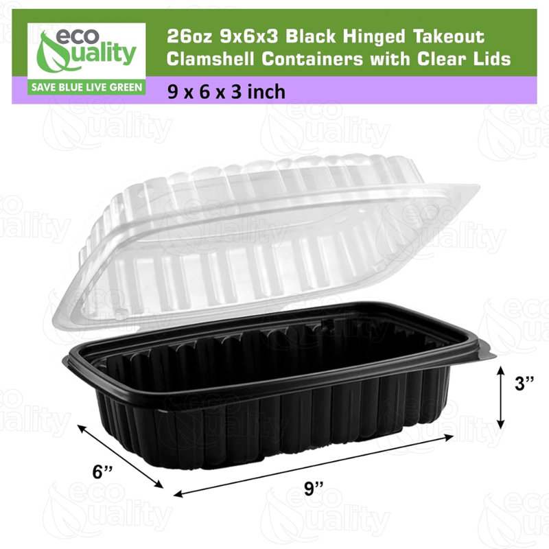  Contenant à charnière 26 oz noir à charnière 9 x 6 x 3 pouces avec couvercle transparent jetable pour emporter, restaurants, préparation de repas, traiteur, livraison (20)
