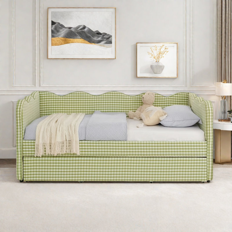 Lit de jour confortable avec couchette, port USB et adorable forme de vague, Vert